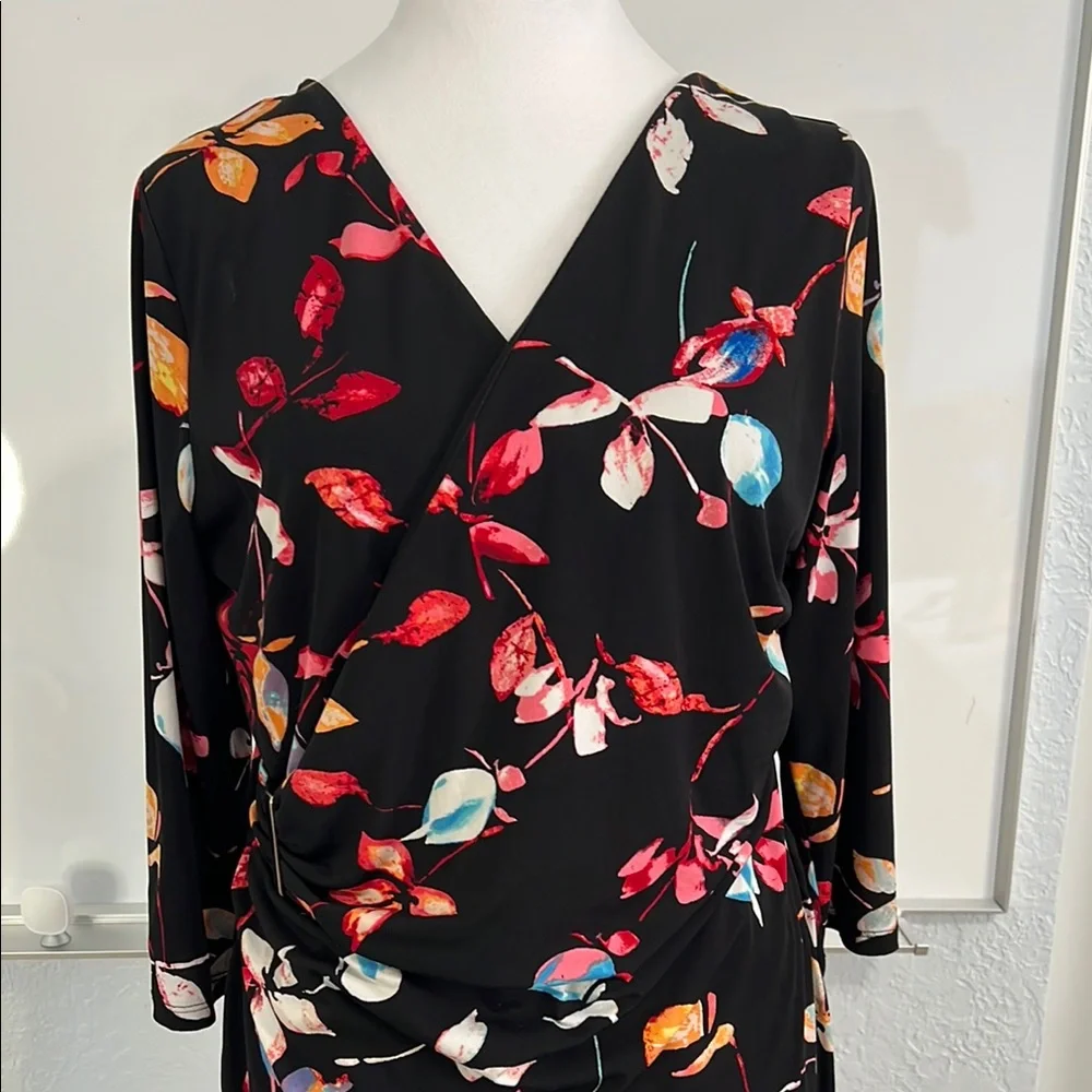 Jennifer Lopez Floral V-Neck Faux Wrap Dress - Black Multicolor